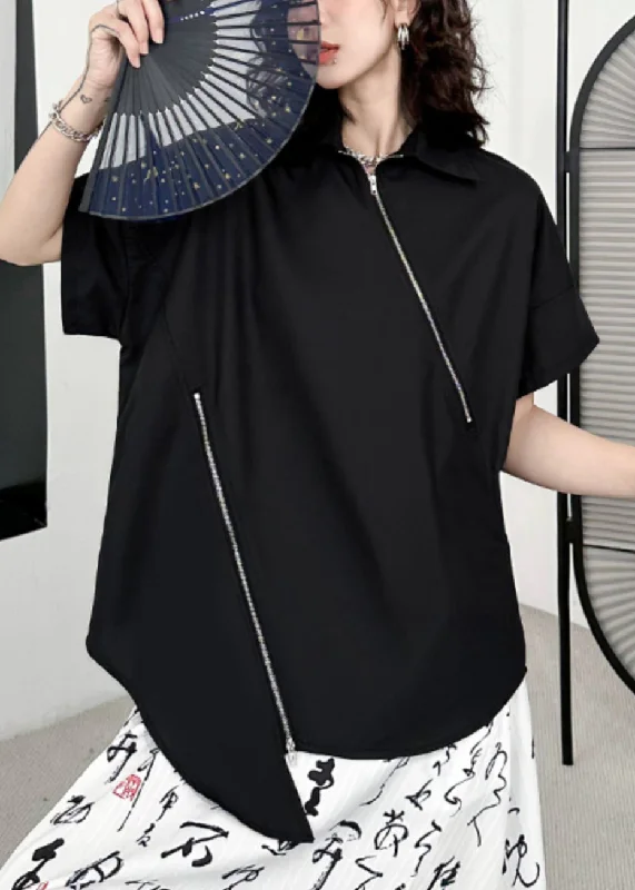 Women Black Zippered Asymmetrical Patchwork Cotton Blouses Short Sleeve