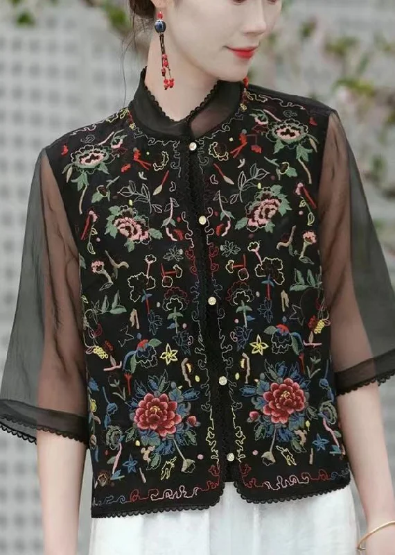 Beautiful Black Embroidered Patchwork Linen Silk Top Half Sleeve