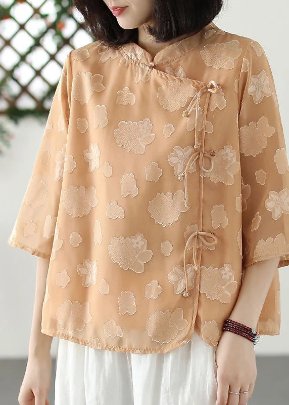 Boutique Khaki Stand Collar Jacquard Tulle Shirt Summer