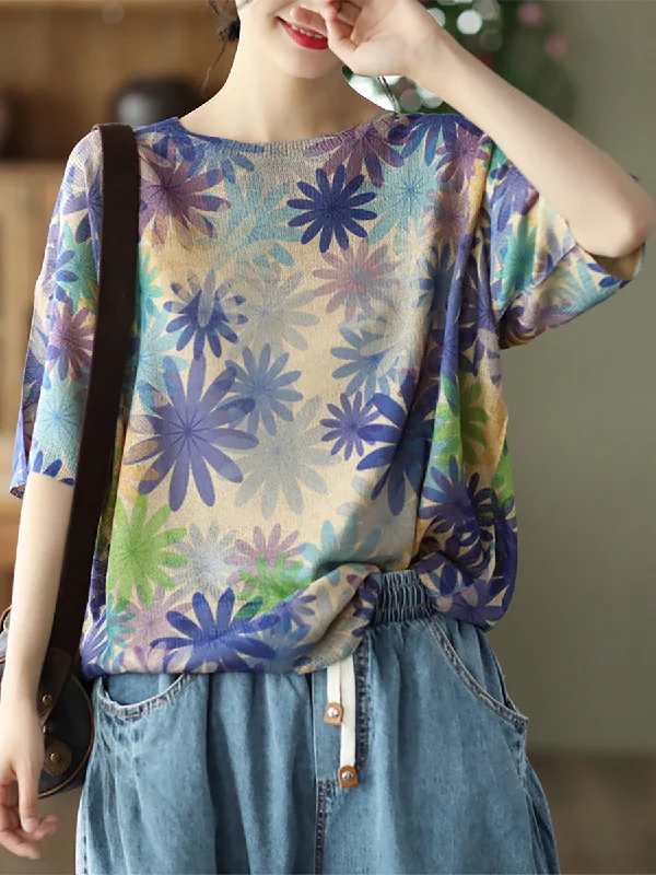 Casual Floral Linen Knited Women Tops Half Sleeve