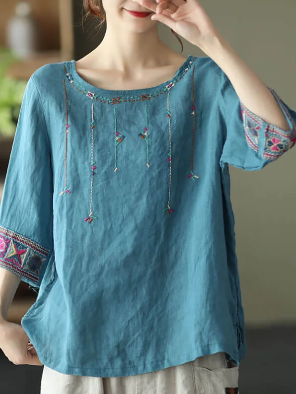 Vintage Women Linen Embroidered T-shirt Half Sleeve