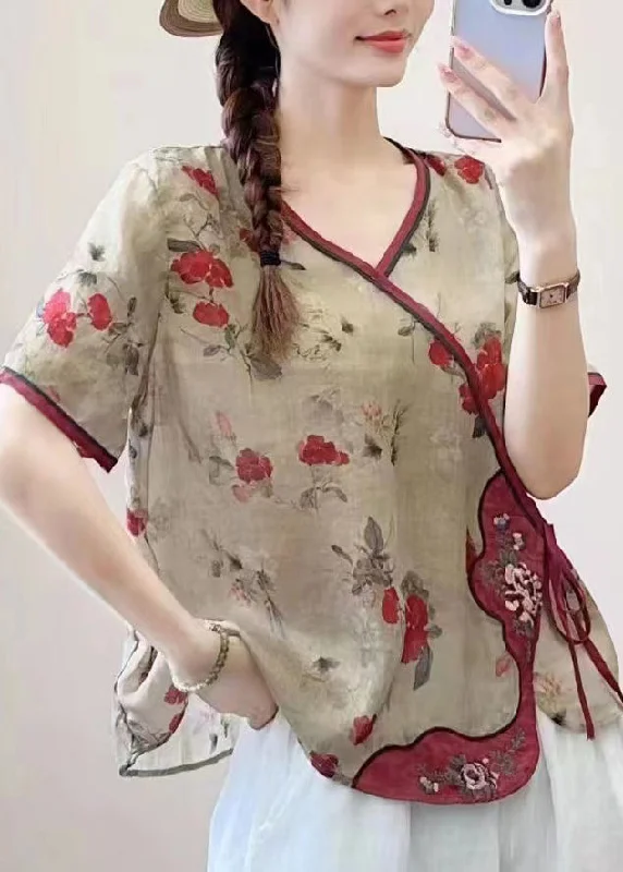 Vintage Khaki V Neck Print Lace Up Patchwork Linen Top Summer