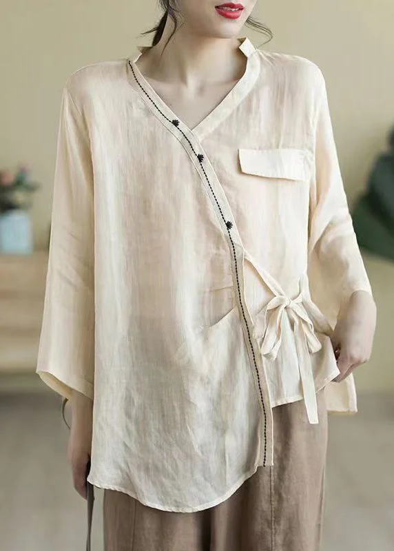 Loose Apricot Asymmetrical Lace Up Patchwork Linen Shirt Fall