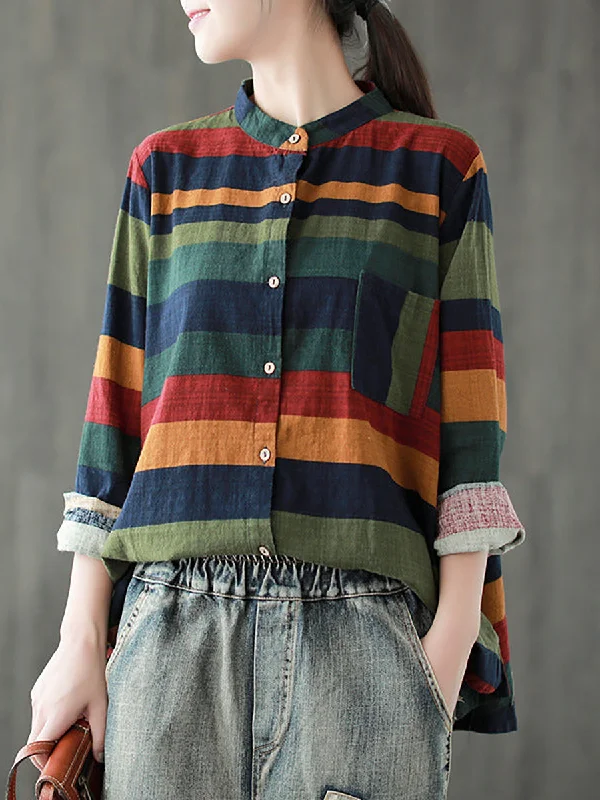 Plus Size Vintage Striped Cotton Shirt Long Sleeve