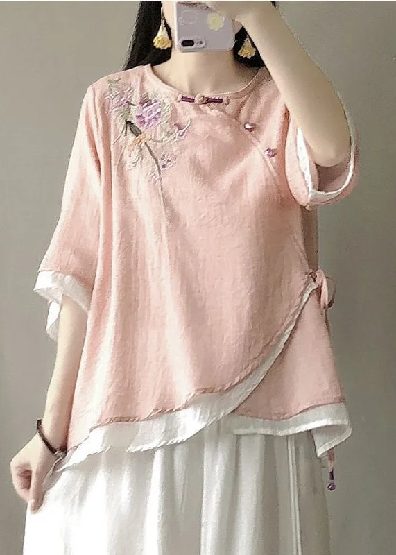 Pink Fake Two Piece Linen Blouses Embroideried Chinese Button Summer