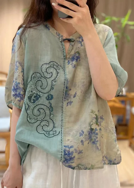 Chic Blue Embroideried Print Patchwork Linen Tops Half Sleeve