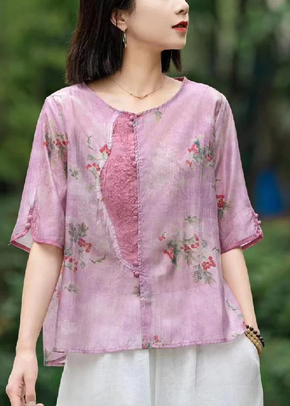 Beautiful Pink Print Patchwork Linen Shirts Short Sleeve