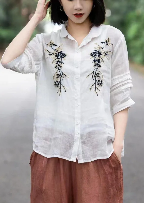 Simple White Embroideried Patchwork Lace Linen Blouse Tops Short Sleeve