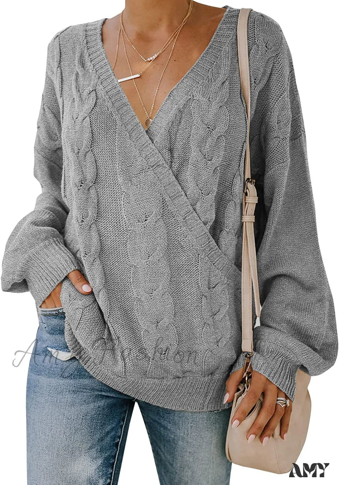 Amy Fashion - Women's Casual Long Sleeve Deep V Neck Wrap Pullover Sweater