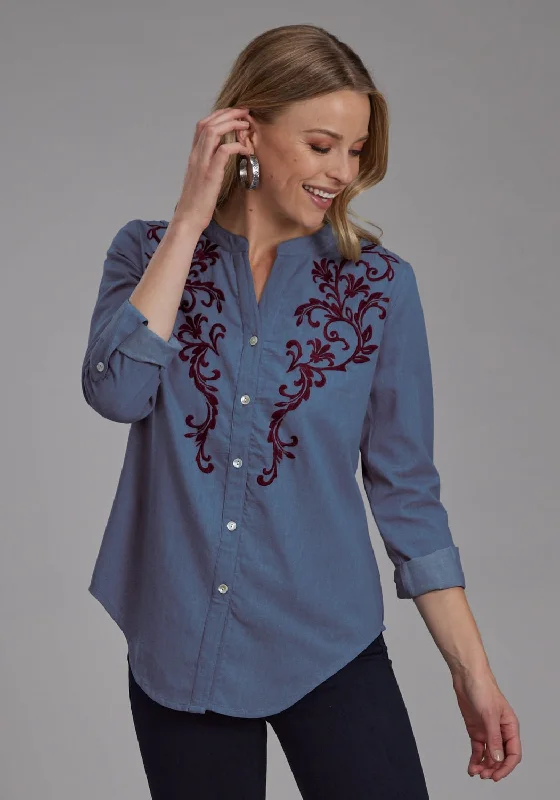 Roper Womens Wine Colored Stitch Blue 100% Cotton L/S Blouse