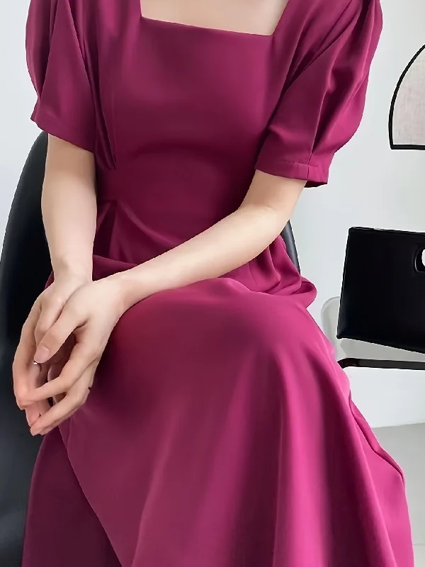 Sixsr Solid Squared Neck Short Sleeve Tie Back Dress, Elegant Ruffled Hem Stylish Maxi Dress, Women's Clothing