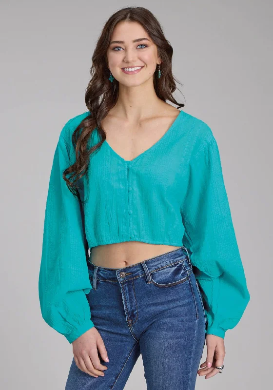 Roper Womens Cropped Seersucker Turquoise 100% Cotton L/S Blouse