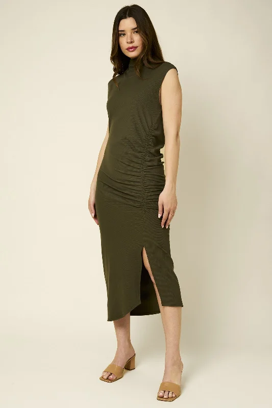 Olive Mock Neck Side Ruched Side Slit Dress