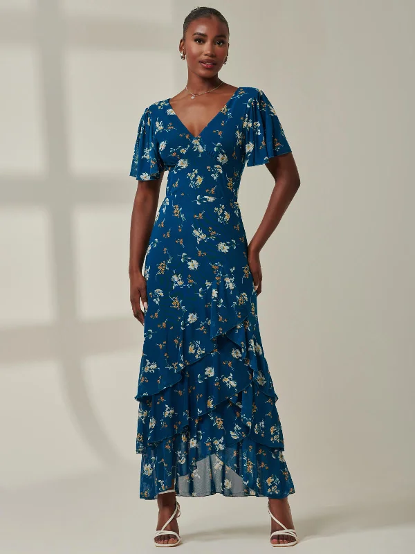 Angel Sleeve Tiered Hem Maxi Dress, Teal Floral