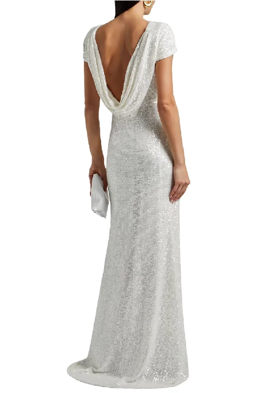 White Draped Open Back Sequined Gown