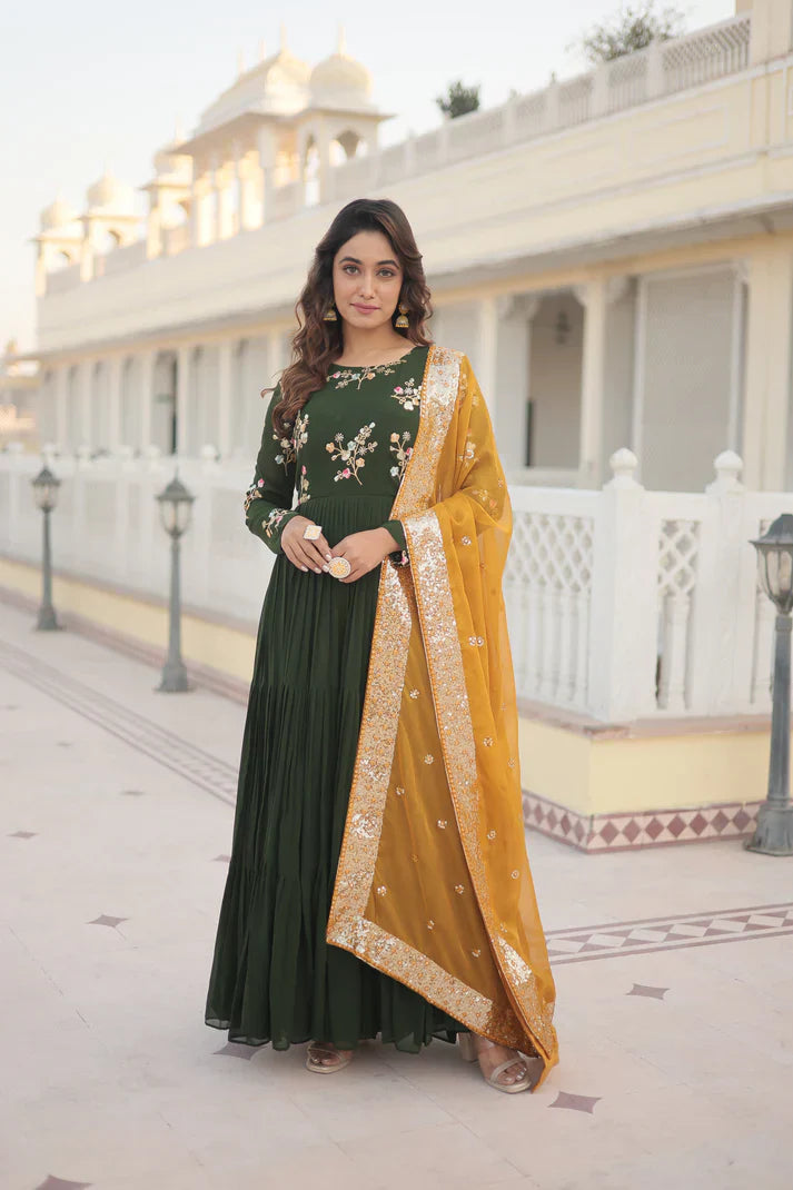 Premium Faux Georgette Gown with Russian silk Dupatta With Adorable Embroidered thread work