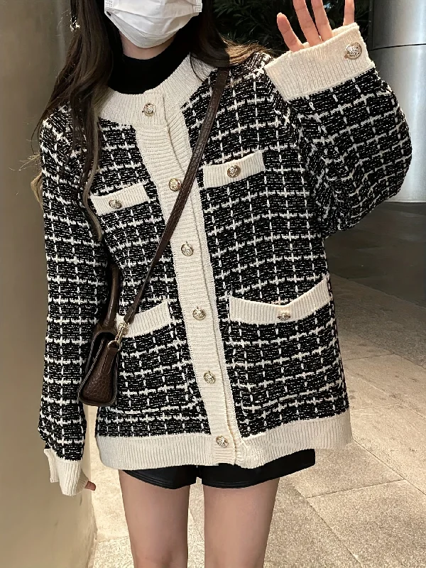 Sixsr Preppy Plaid Pattern Button Up Pocket Cardigan, Casual Long Sleeve Cardigan For Fall & Winter, Women's Clothing