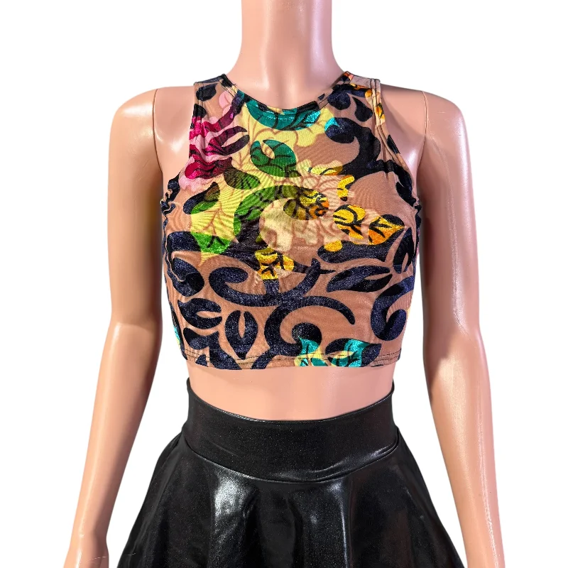 Sheer Top - Burnout Velvet Floral Crop Top - Black or Green Flowers