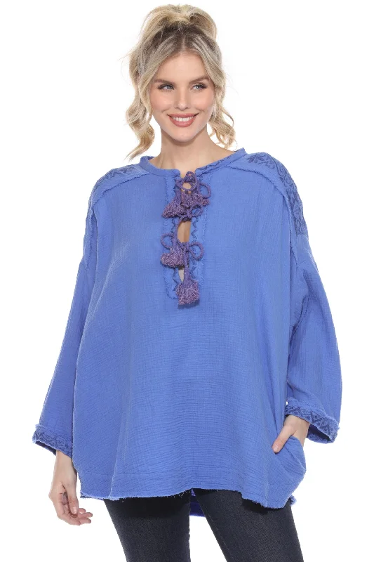 Johnny Was Calme Blue Ghenar Embroidered Gauze Top O21072