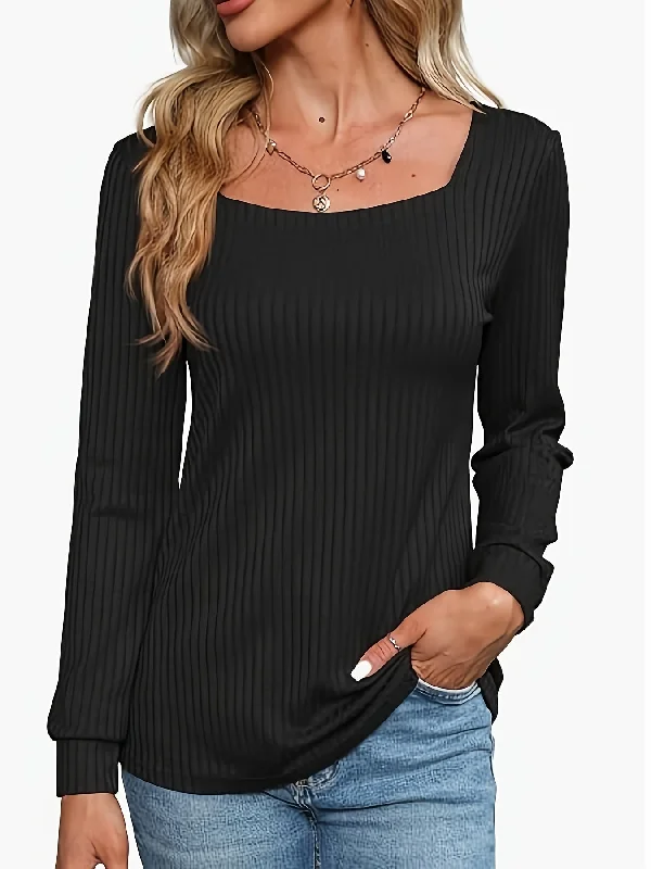 Sixsr Solid Square Neck T-shirt, Casual Long Sleeve Top For Spring & Fall, Women's Clothing