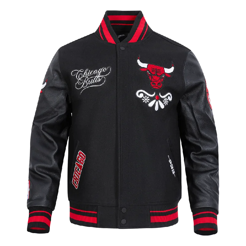 NBA CHICAGO BULLS SUGAR SKULL MEN'S RIB WOOL VARSITY JACKET (BLACK/RED/BLACK)