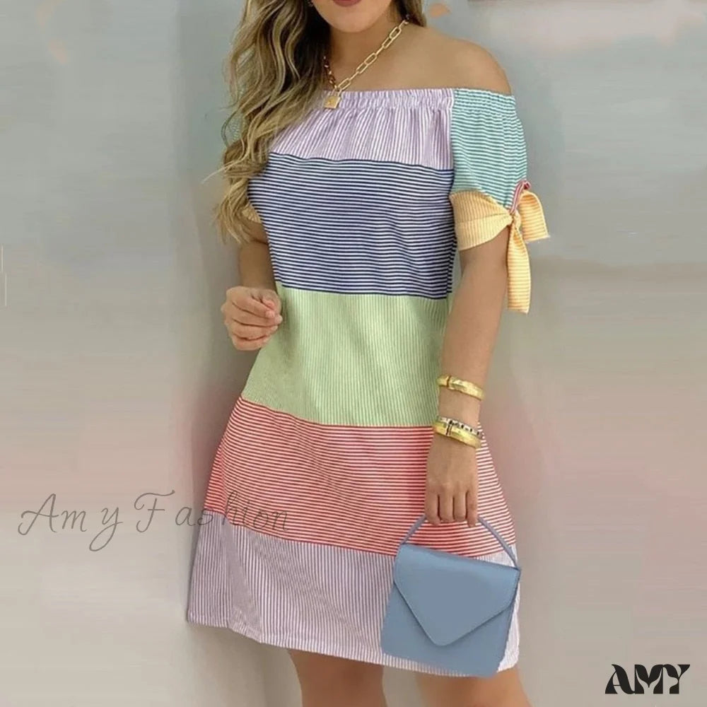 Amy Fashion - Striped Plaid Floral Print A Line Party Short Dresses