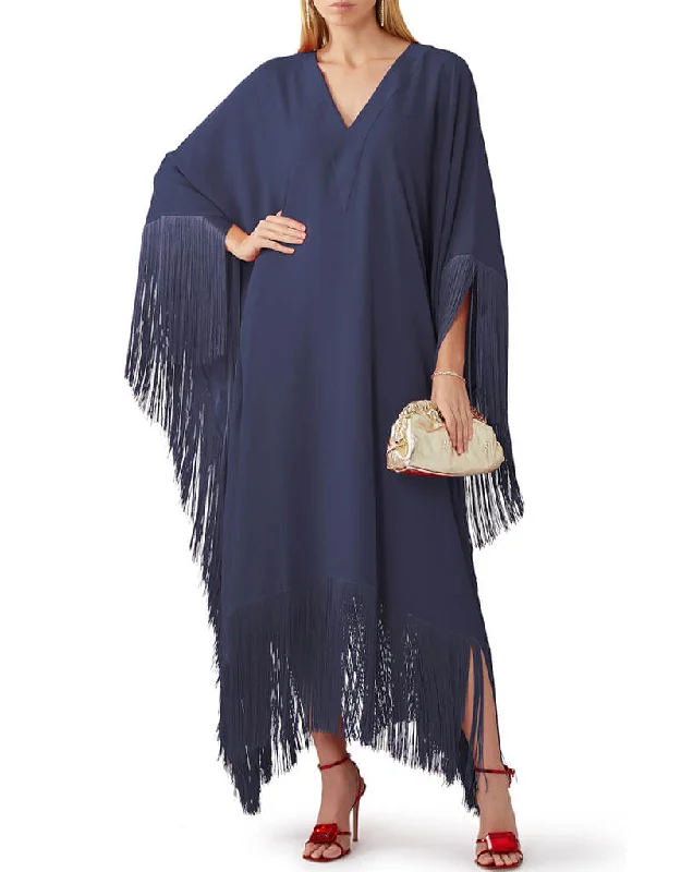 Navy Blue V-Neck Style Fringed Kaftans