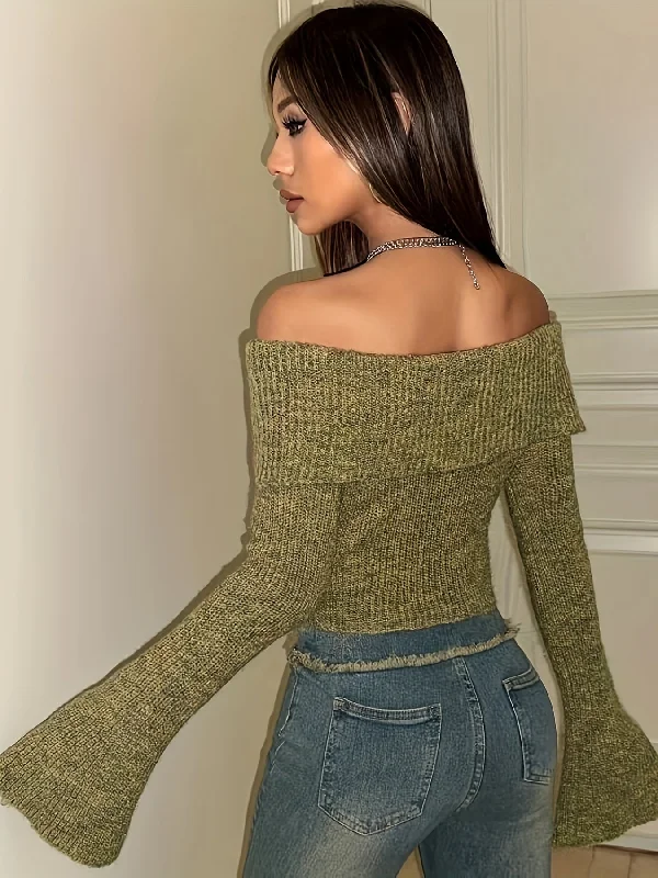 Sixsr Y2K Solid Off Shoulder Knitted Top, Bell Sleeve Crop Sweater For Spring & Fall, Women's Clothing