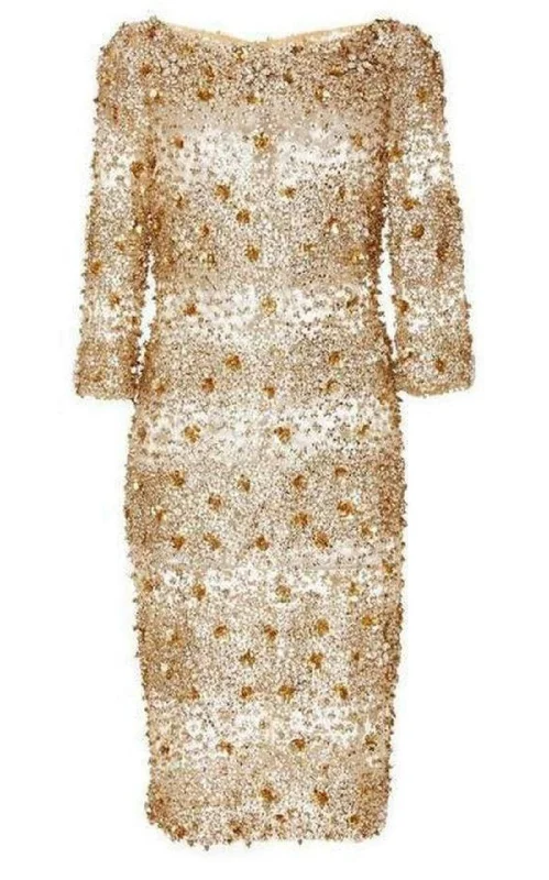 Naeem Khan Beaded Gold Fitted Cocktail Dress