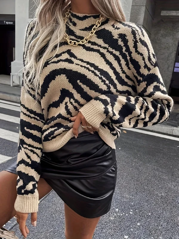 Sixsr Zebra Pattern Mock Neck Pullover Sweater, Casual Long Sleeve Sweater For Fall & Winter, Women's Clothing