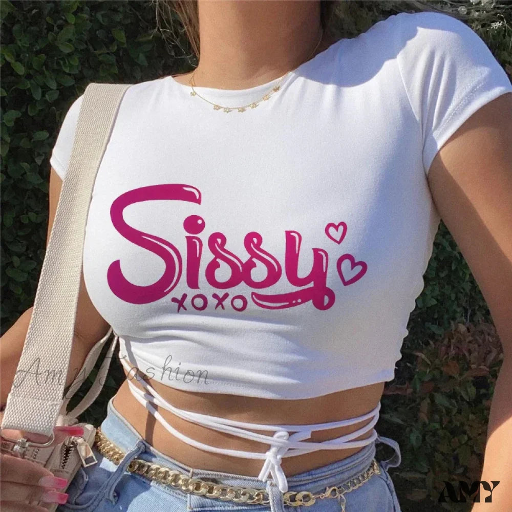 Sexy White Short Crop Bandage Casual Short Sleeve Female Y2K Crop Top