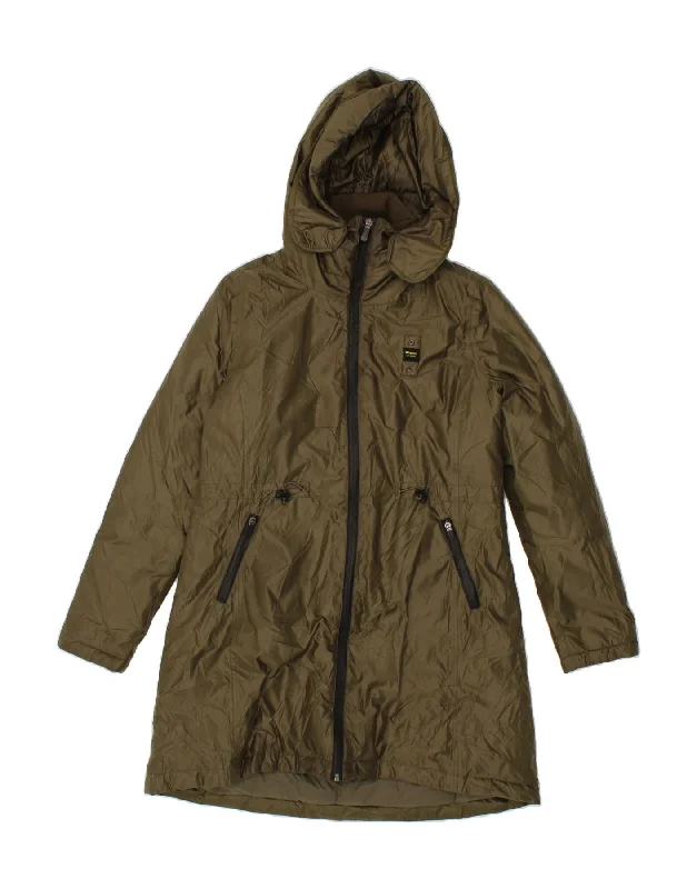 BLAUER Womens Hooded Overcoat UK 14 Medium Khaki