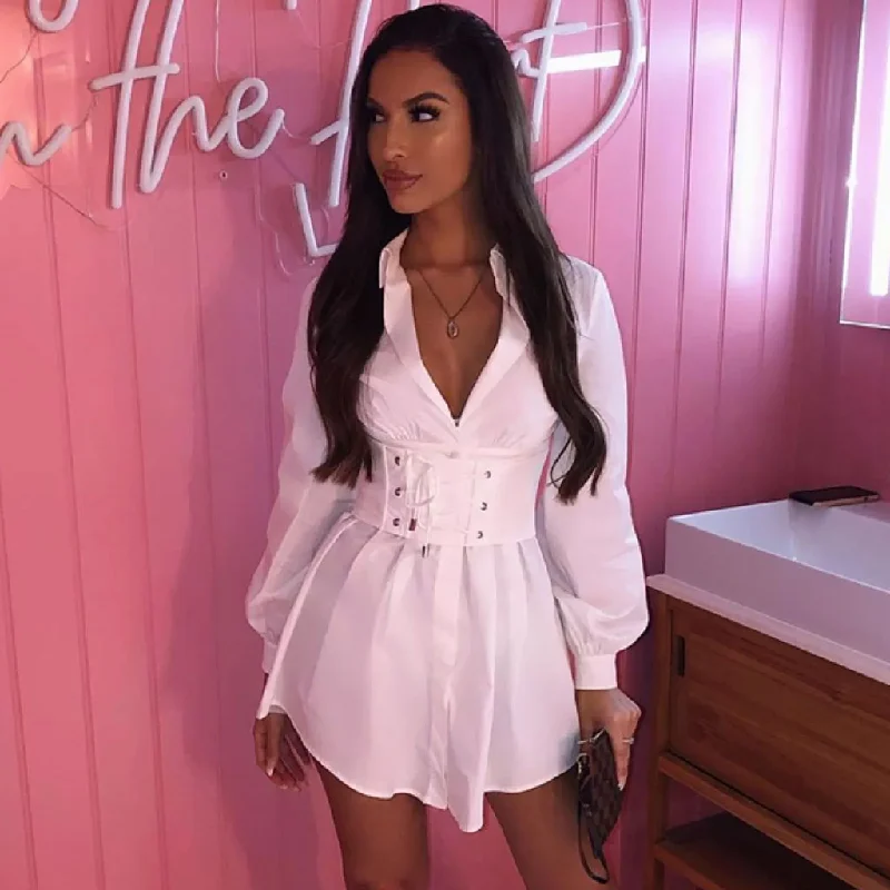 Sweet Belted Long Sleeve Mini Shirt Dress - White