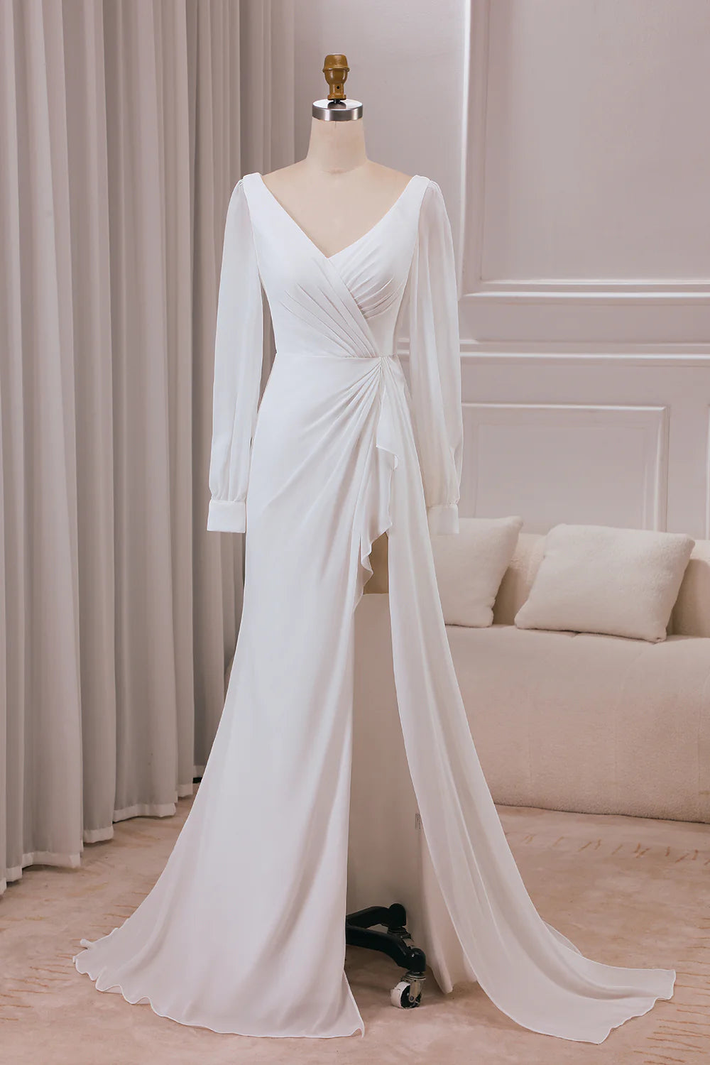 DingJiDress Ivory V-neck Long Sleeves A-line Chiffon Bridal Dress