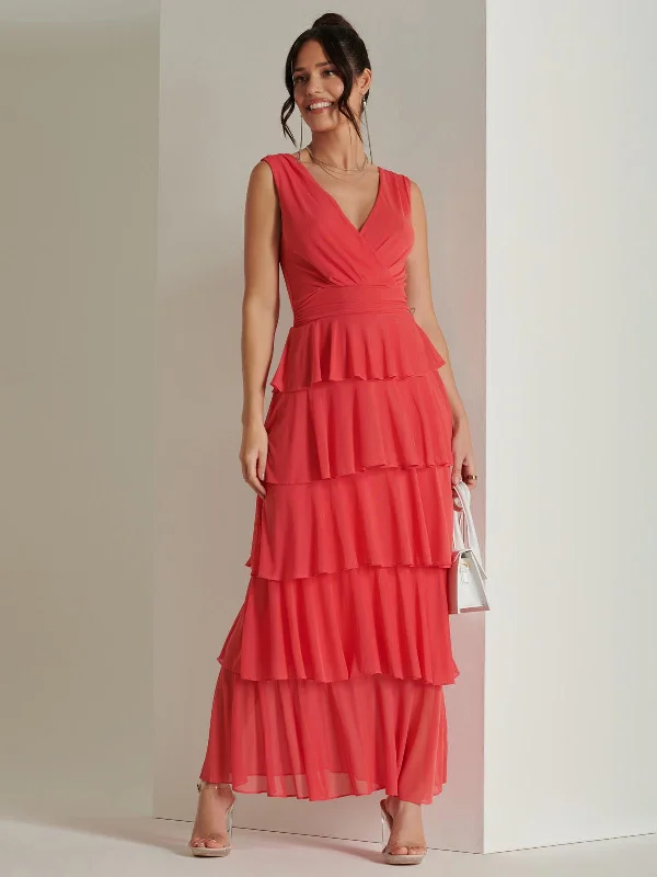 Plain Wrap Bodice Mesh Maxi Dress, Red