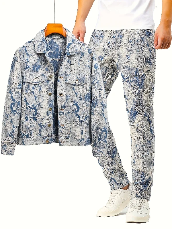 Sixsr Men's Jacquard 2pcs, Trendy Lapel Long Sleeve Jacket And Straight Leg Stylish Pants For Spring And Autumn