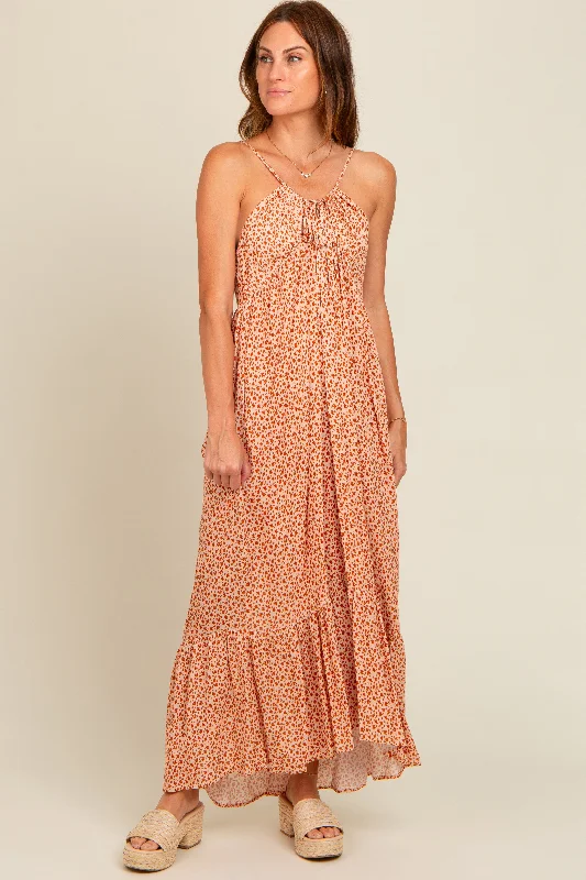 Beige Floral Tie Front Maxi Dress