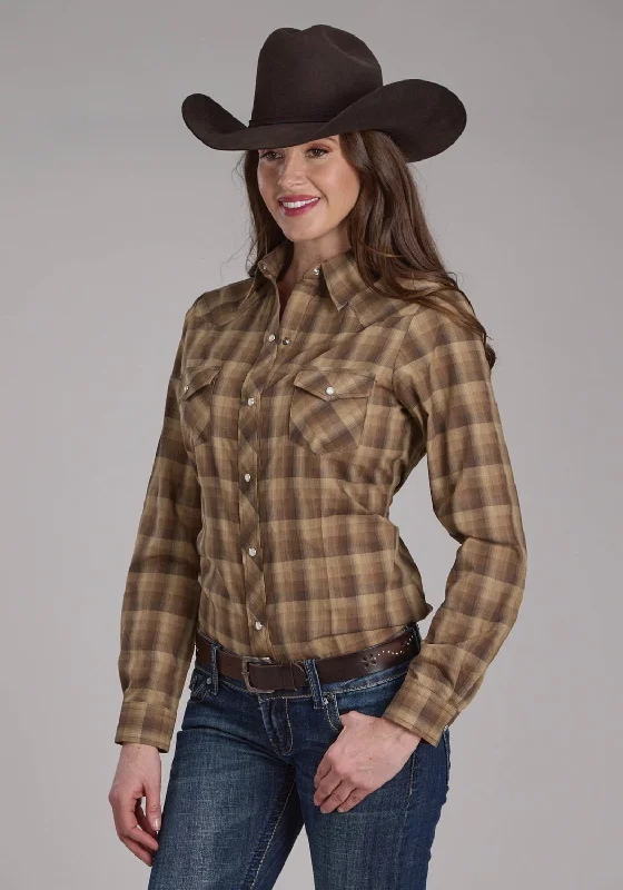 Roper Womens 2129 Ombre Plaid Brown/Tan Cotton Blend L/S Shirt