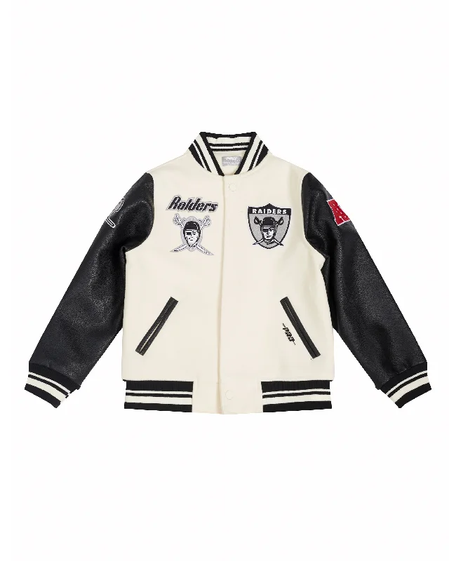 NFL LAS VEGAS RAIDERS RETRO CLASSIC BIG BOYS RIB WOOL VARSITY JACKET (EGGSHELL/ BLACK)