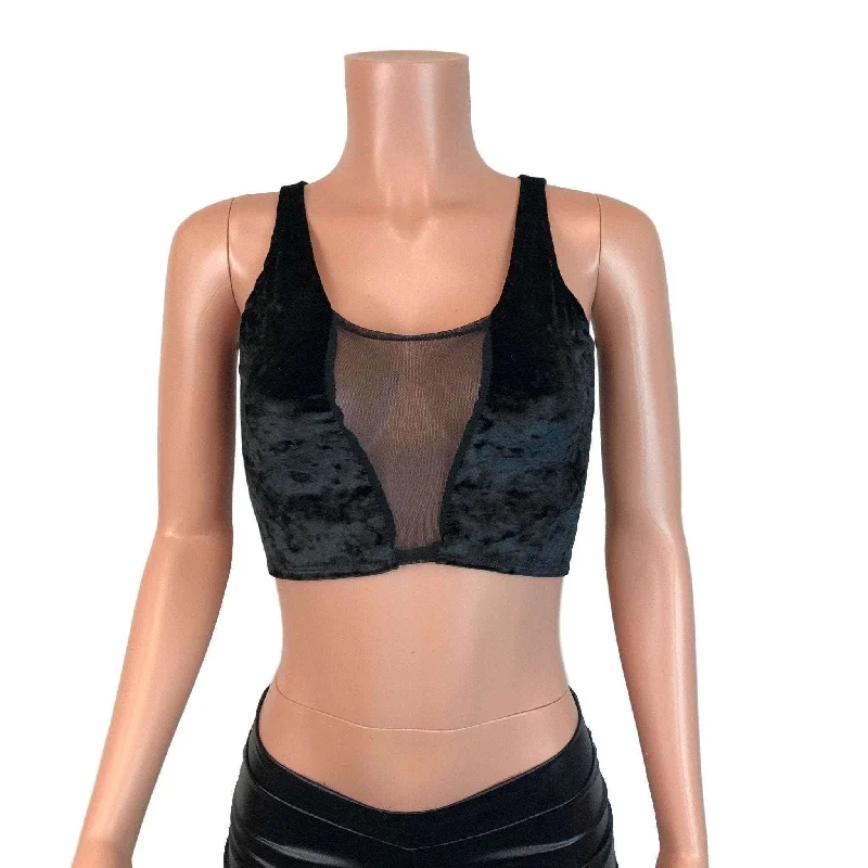 SALE - Mesh Inset Crop Tank Top - Black Crushed Velvet