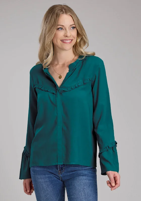 Roper Womens Ruffle Trim Challis Teal 100% Rayon L/S Blouse