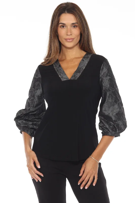 Joseph Ribkoff Black/Grey Embellished V-Neck Puff Sleeve Top 243276