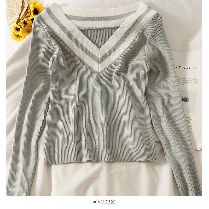 Korean striped off shoulder low collar collarbone exposed long sleeve T-shirt  1976