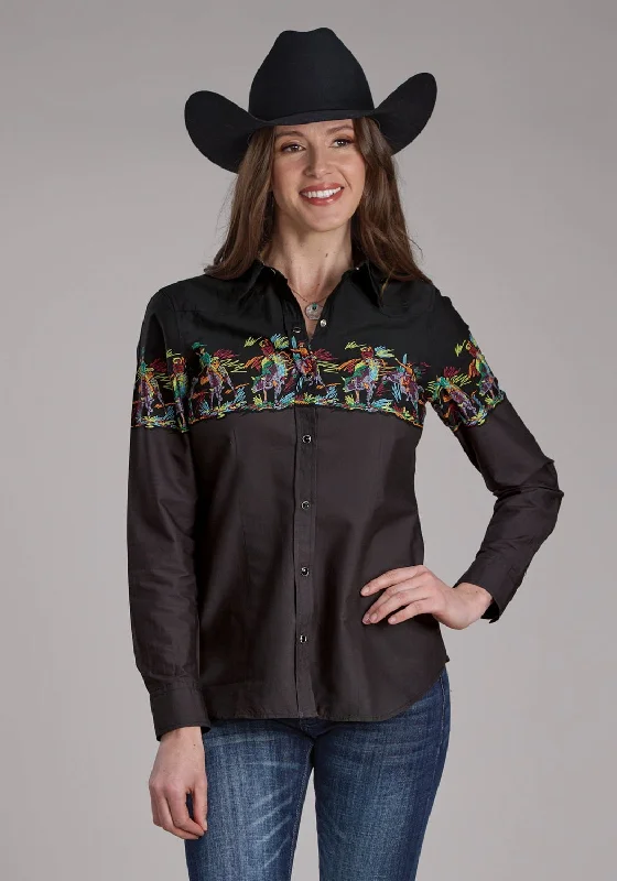 Roper Womens Scribble Bullriders Black 100% Cotton L/S Shirt