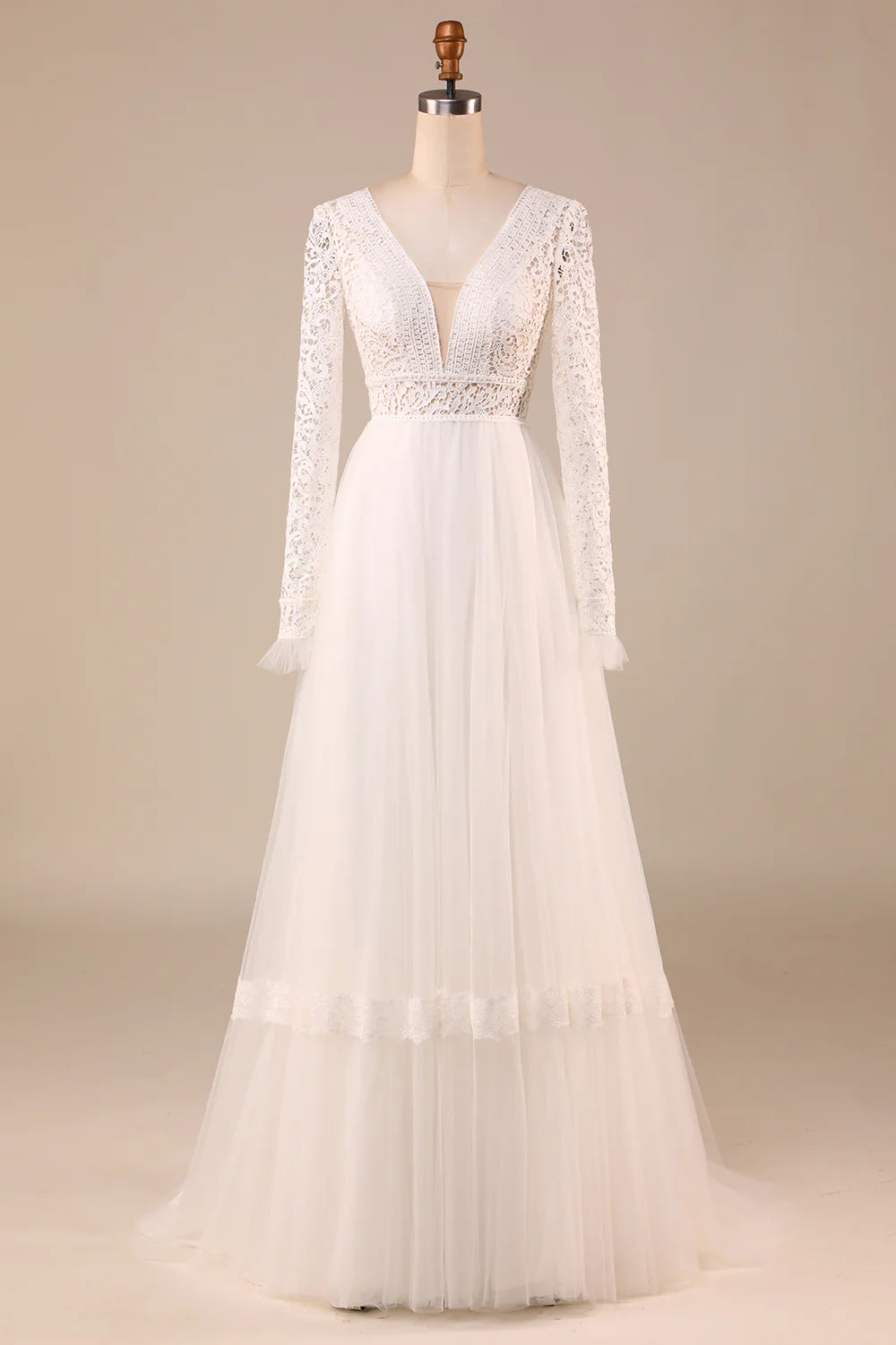 DingJiDress Ivory Long Sleeves Tulle A-Line Wedding Dress with Lace