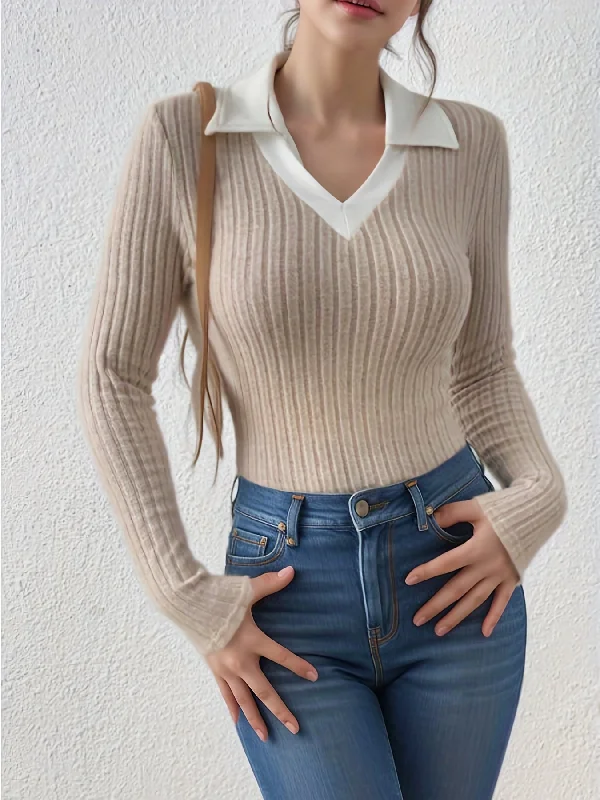 Sixsr Slim Rib Knit Sweater, Casual V Neck Long Sleeve Sweater, Women's Clothing