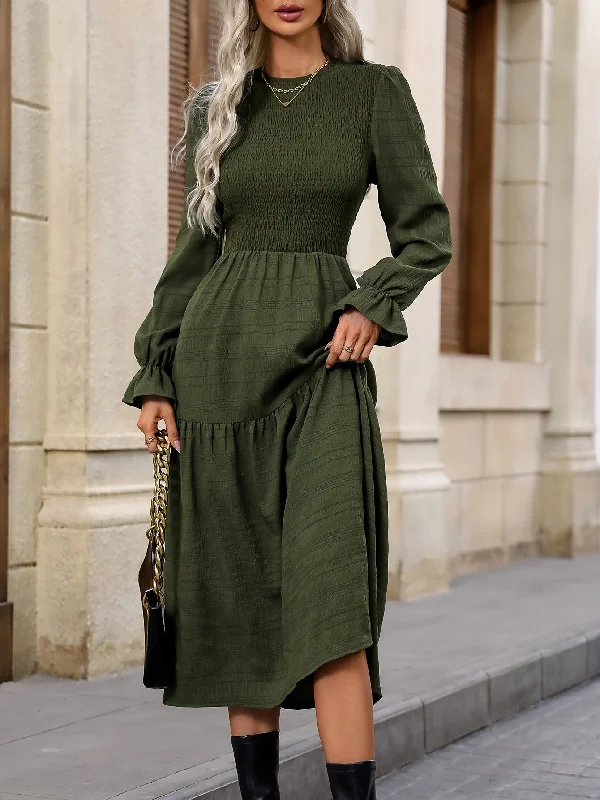 Sixsr Textured Shirred Crew Neck Dress, Casual Long Sleeve Tiered Dress, Women's Clothing