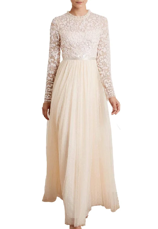 Nude Long Sleeves Sequins Dotted Tulle Maxi Dress