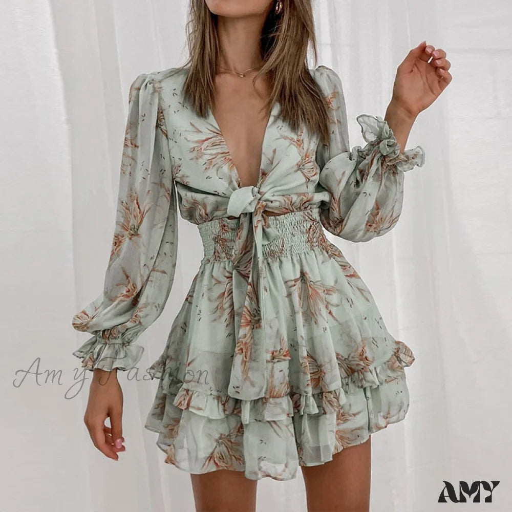 Amy Fashion - Self-tie Knot Front Ruffles Leopard Dress