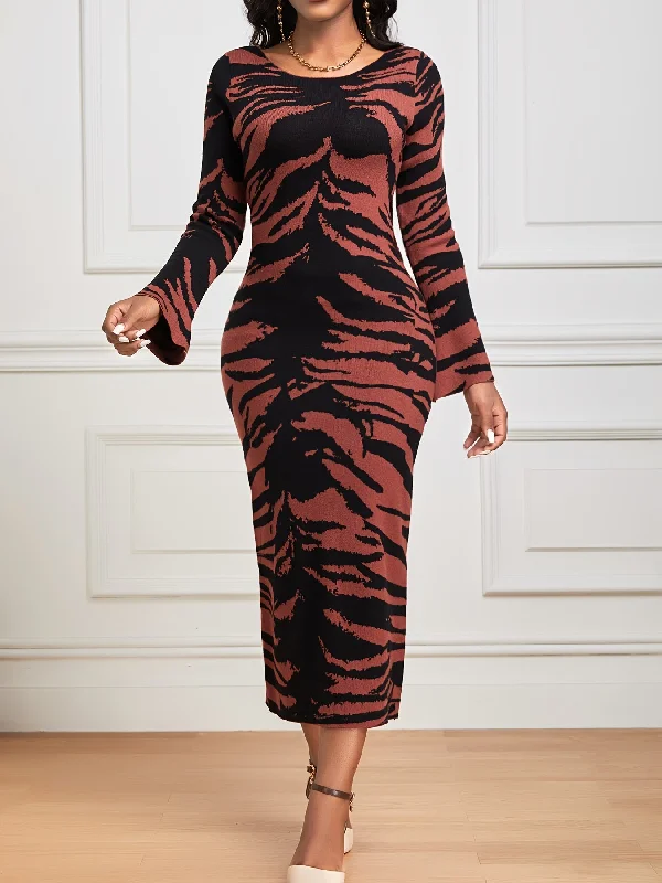 Sixsr Allover Print Crew Neck Bodycon Dress, Elegant Long Sleeve Midi Dress, Women's Clothing